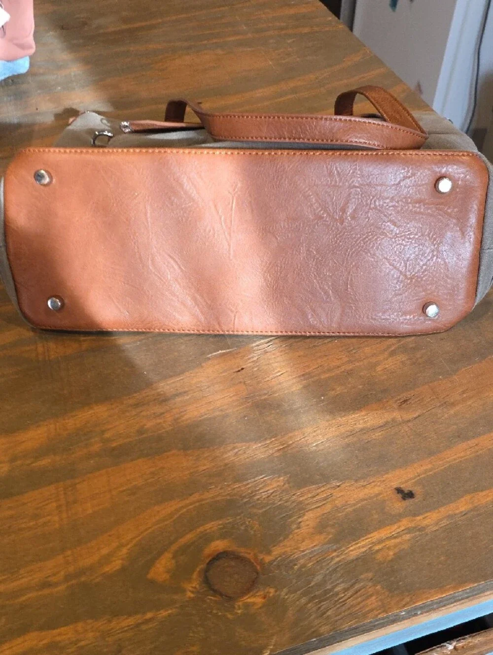 Canvas Baby Tote with Brown Leather Trim - Olive